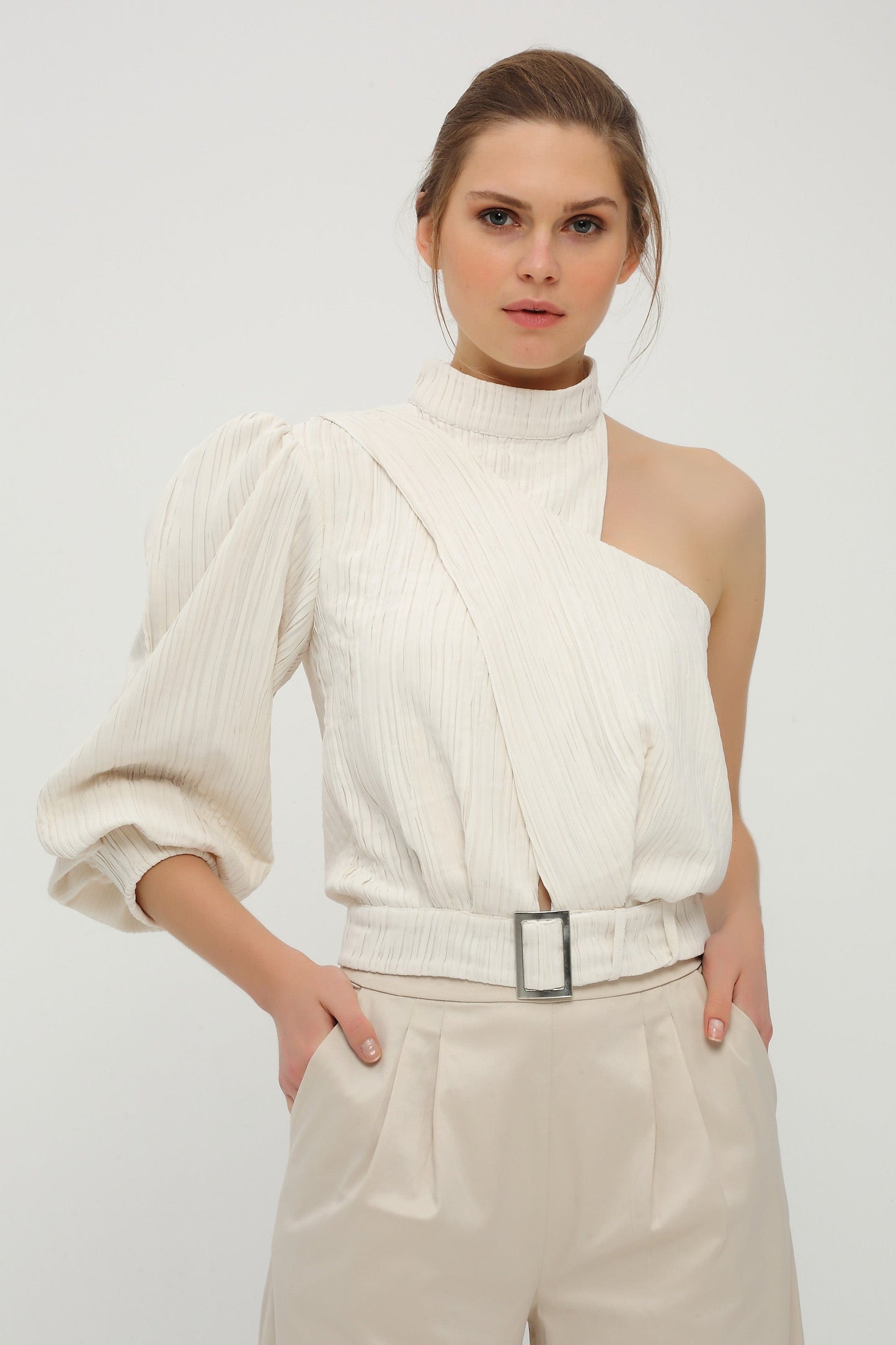 Pleated One-Sleeve Blouse