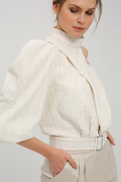 Pleated One-Sleeve Blouse