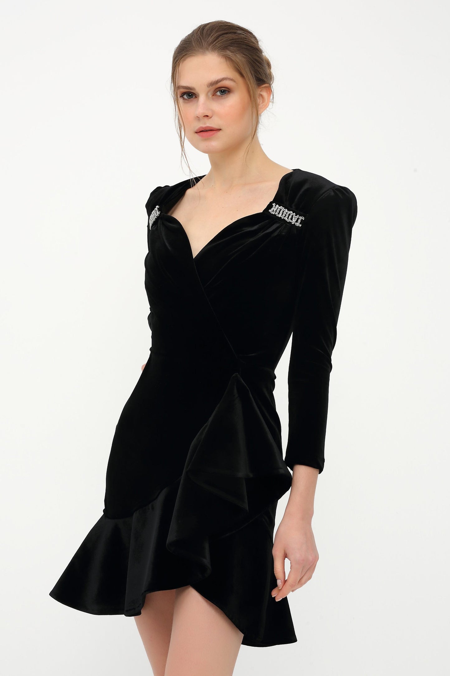 Asymmetrical Ruffle Velvet Black Dress