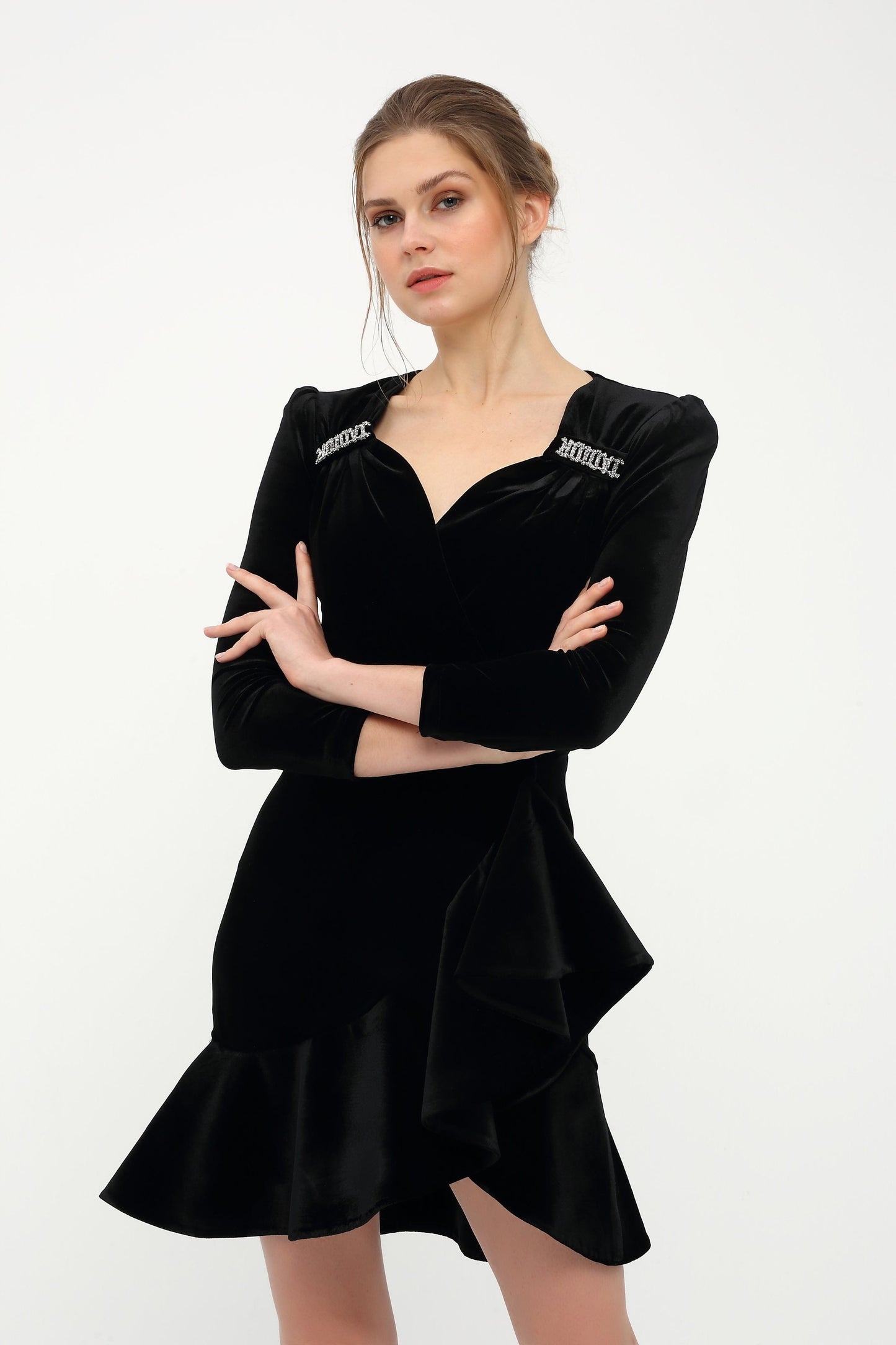 Asymmetrical Ruffle Velvet Black Dress