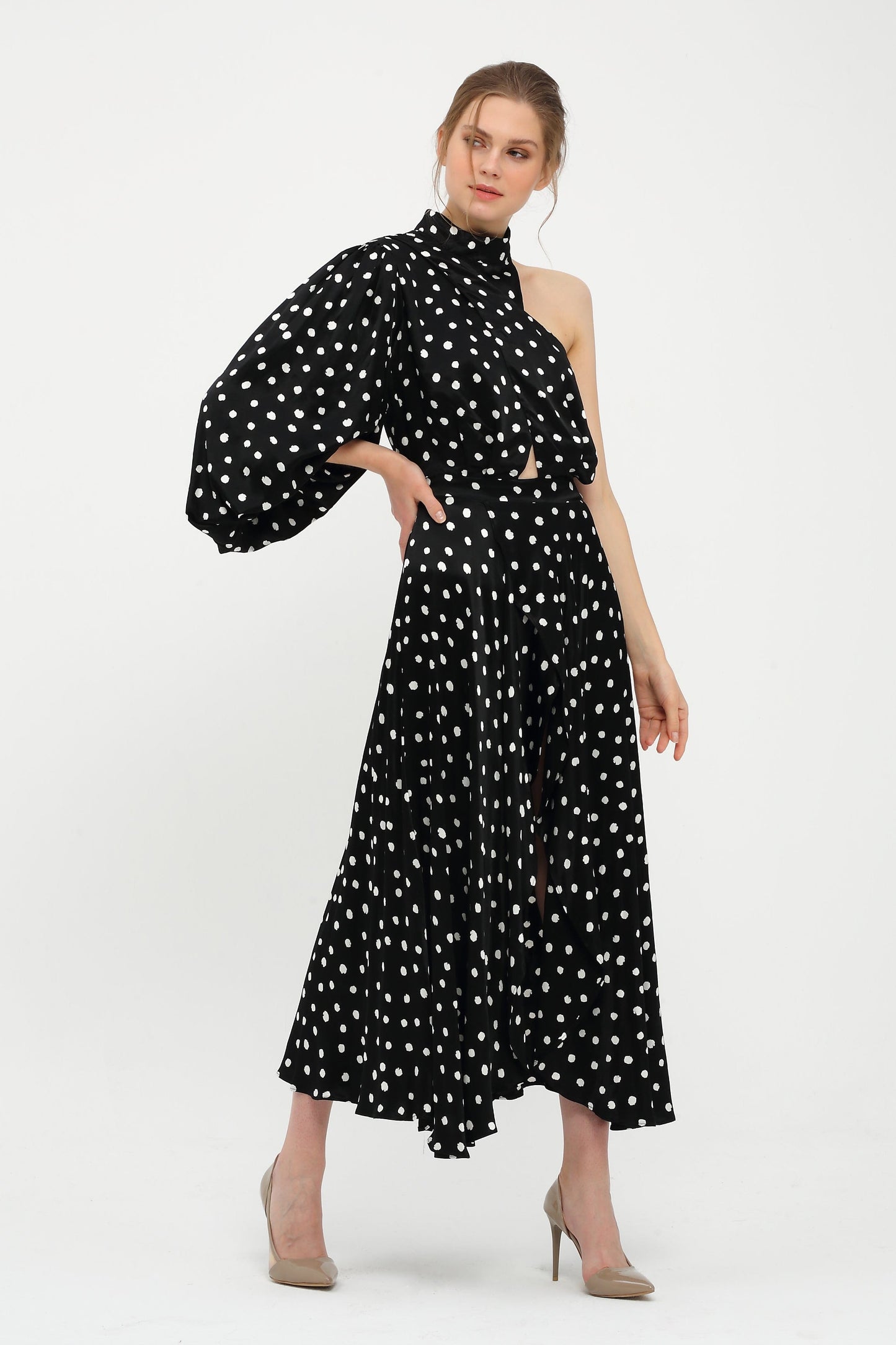 One Sleeve Polka Dot Dress