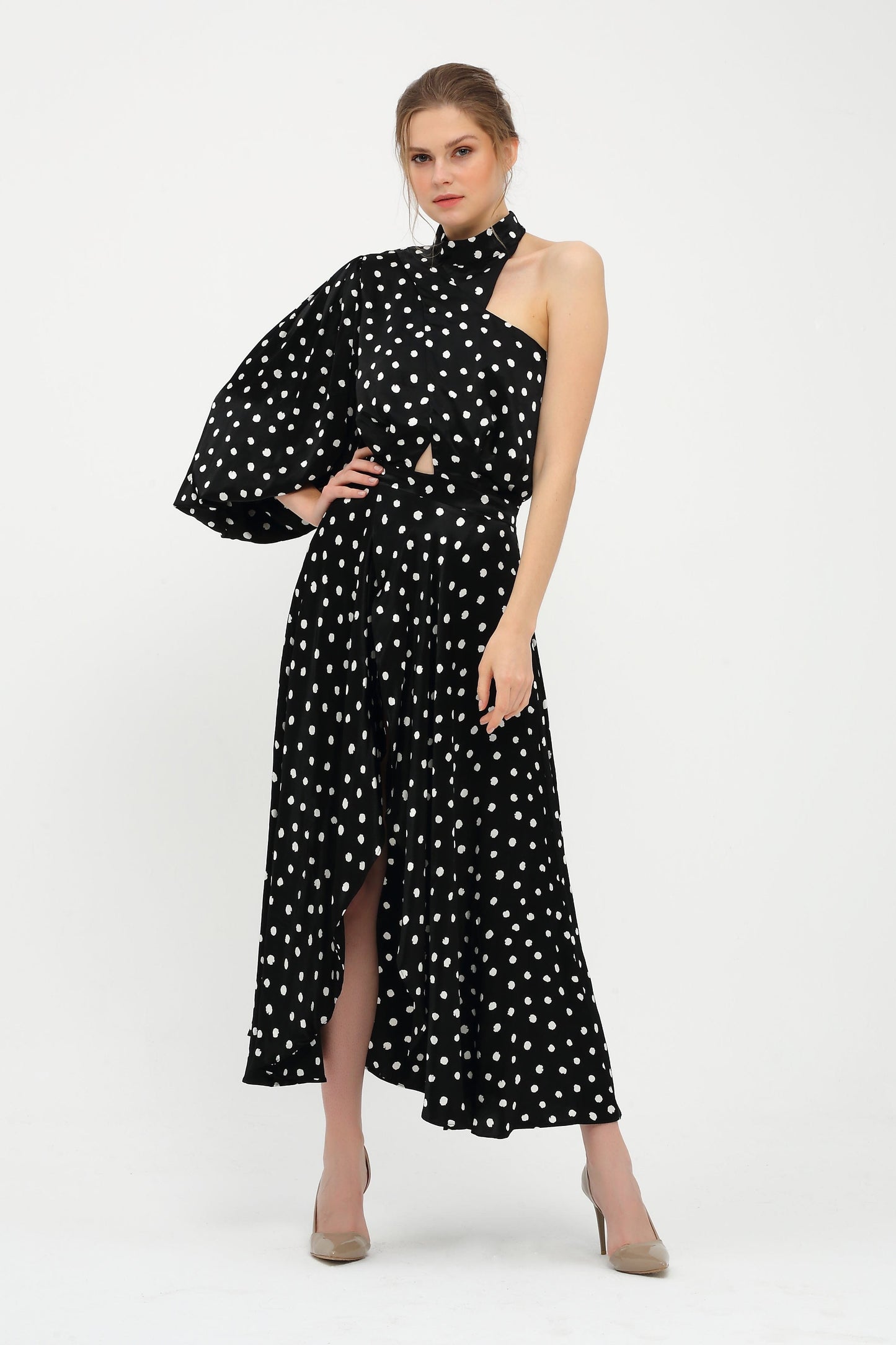 One Sleeve Polka Dot Dress