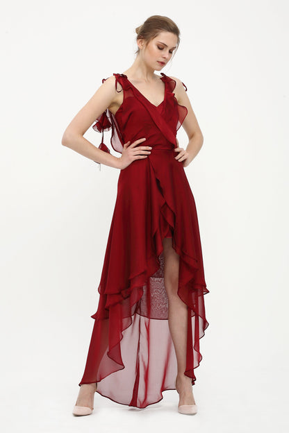 Gerüschtes rotes Chiffon-Abendkleid