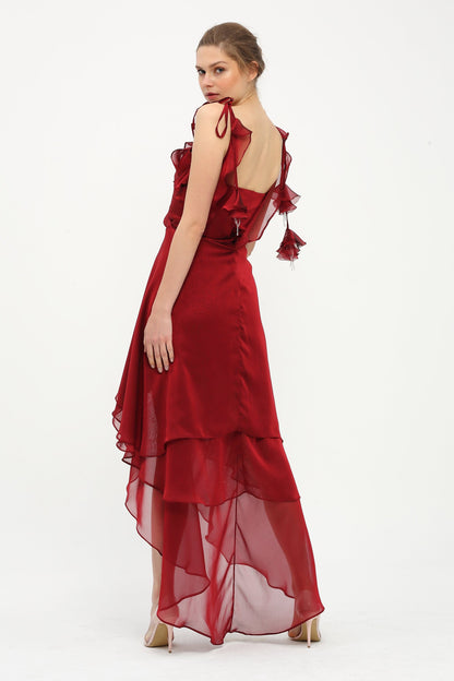 Gerüschtes rotes Chiffon-Abendkleid