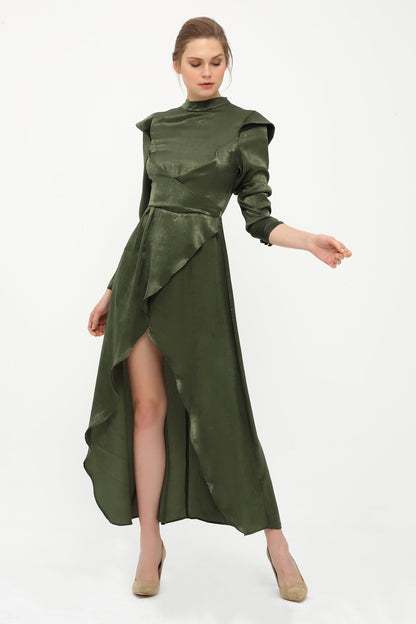 Dark Green Long Stand Collar Dress