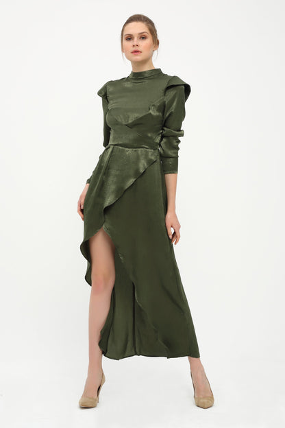 Dark Green Long Stand Collar Dress