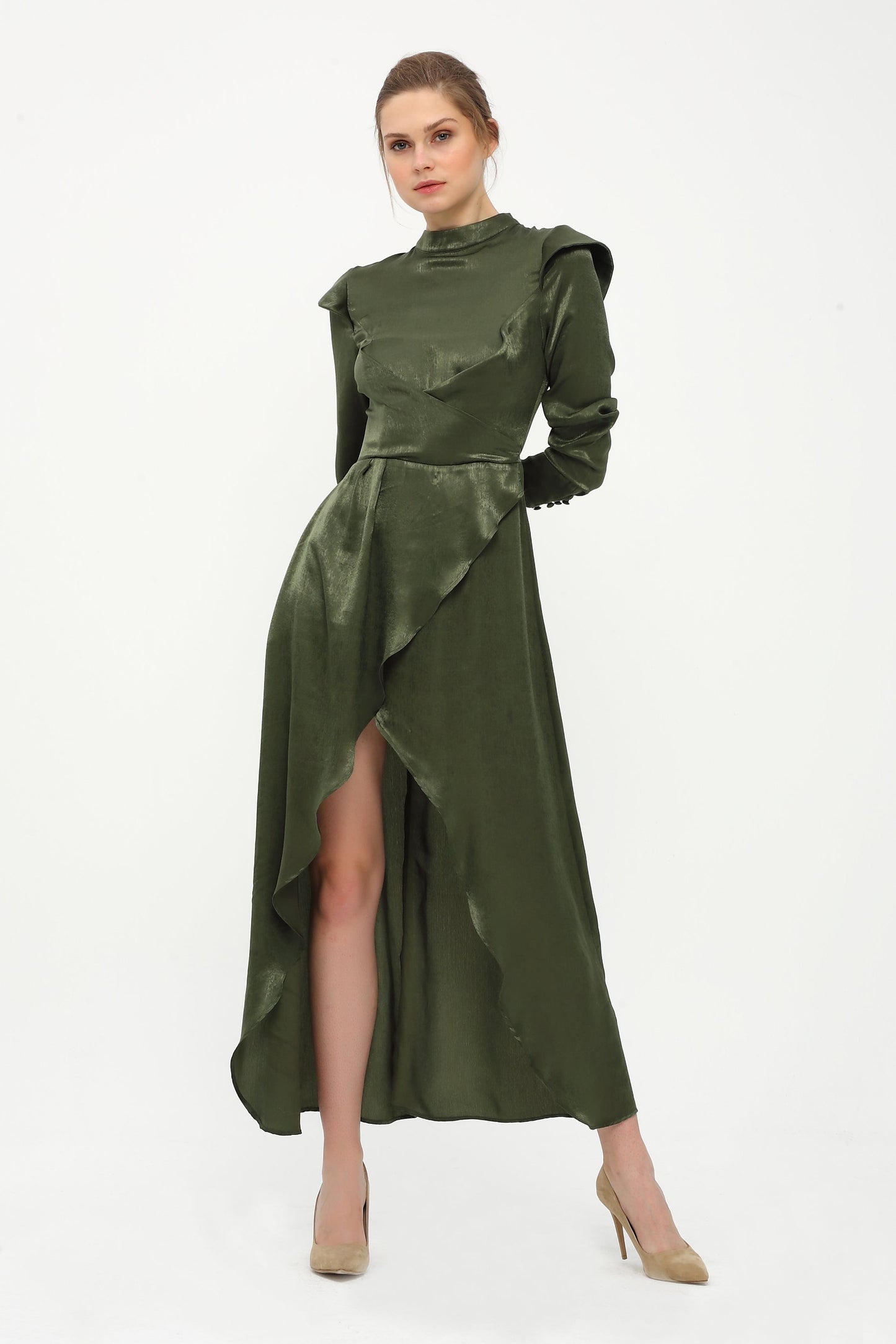 Dark Green Long Stand Collar Dress