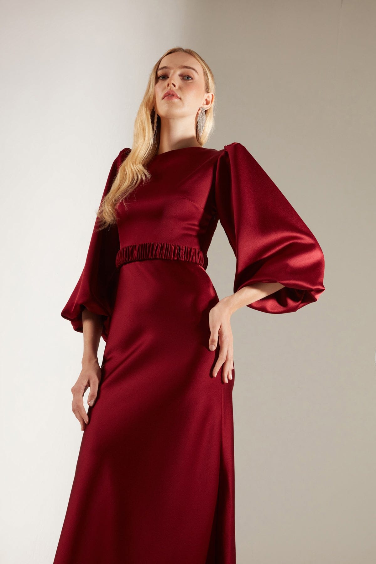 Dark Red Off-the-shoulder V Neck Sexy Slit Prom Dress - VQ