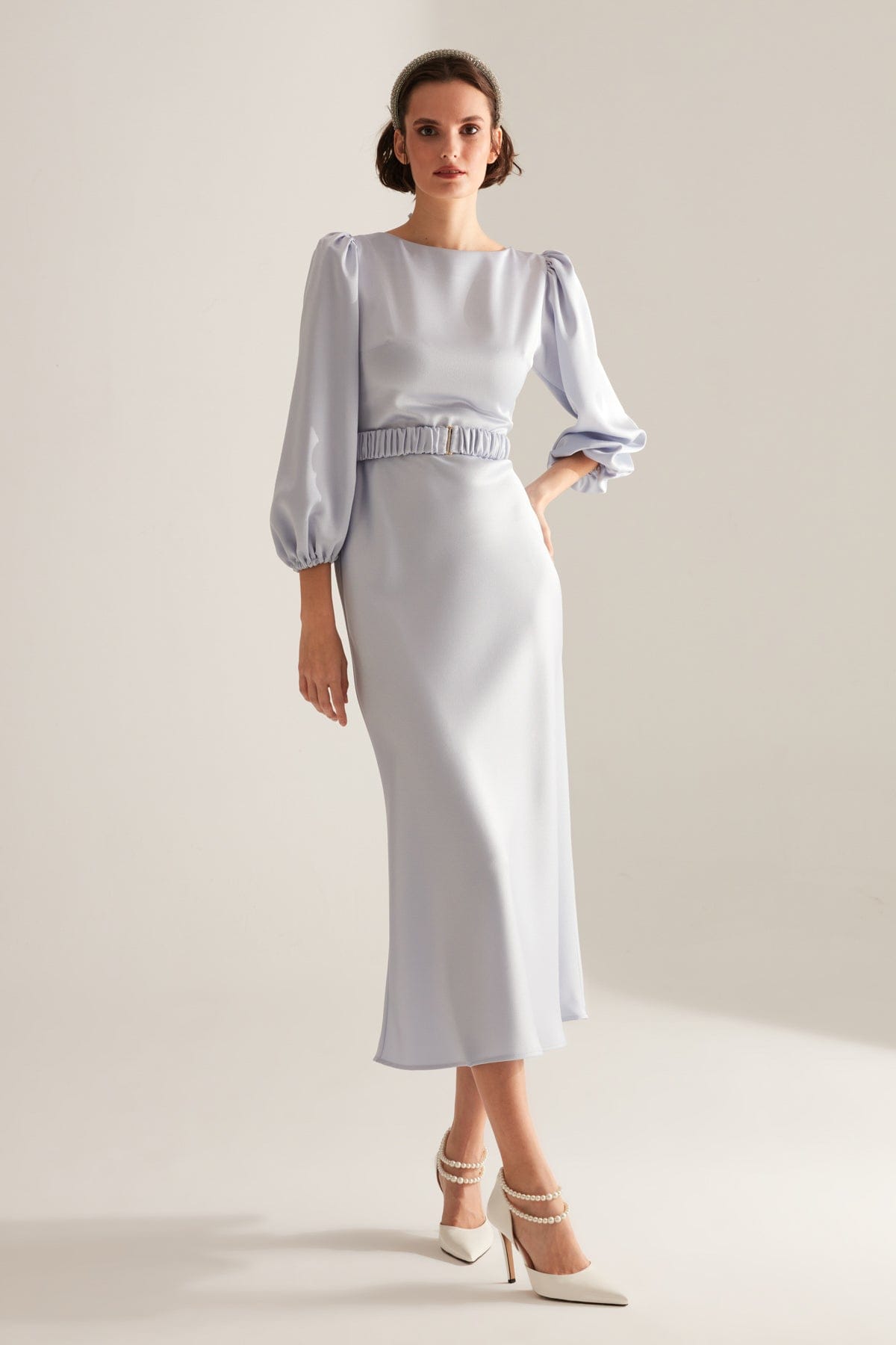 Light Blue Long Balloon Sleeve Midi Length Dress