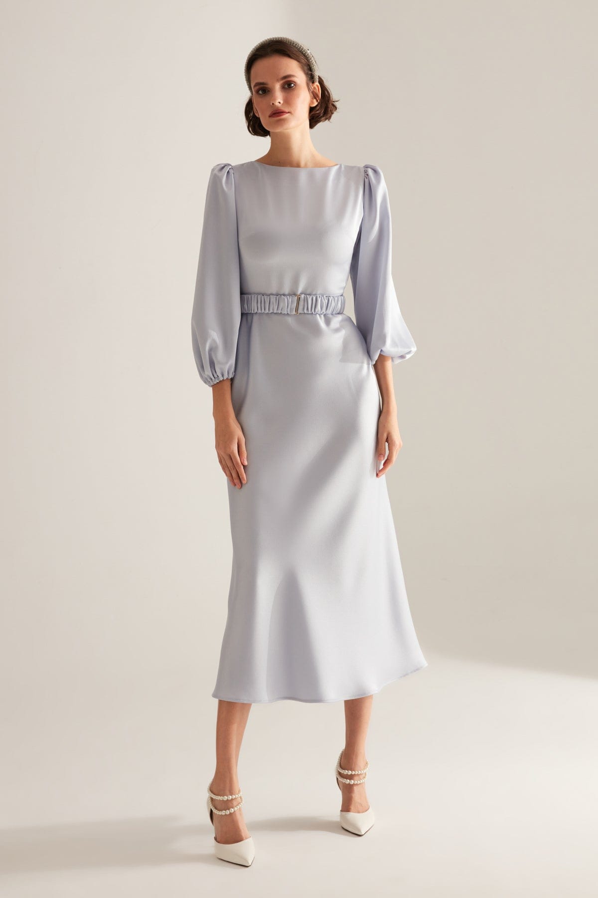 Light Blue Long Balloon Sleeve Midi Length Dress