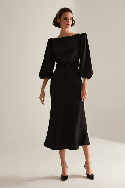 Black Long Balloon Sleeve Engagement Dress