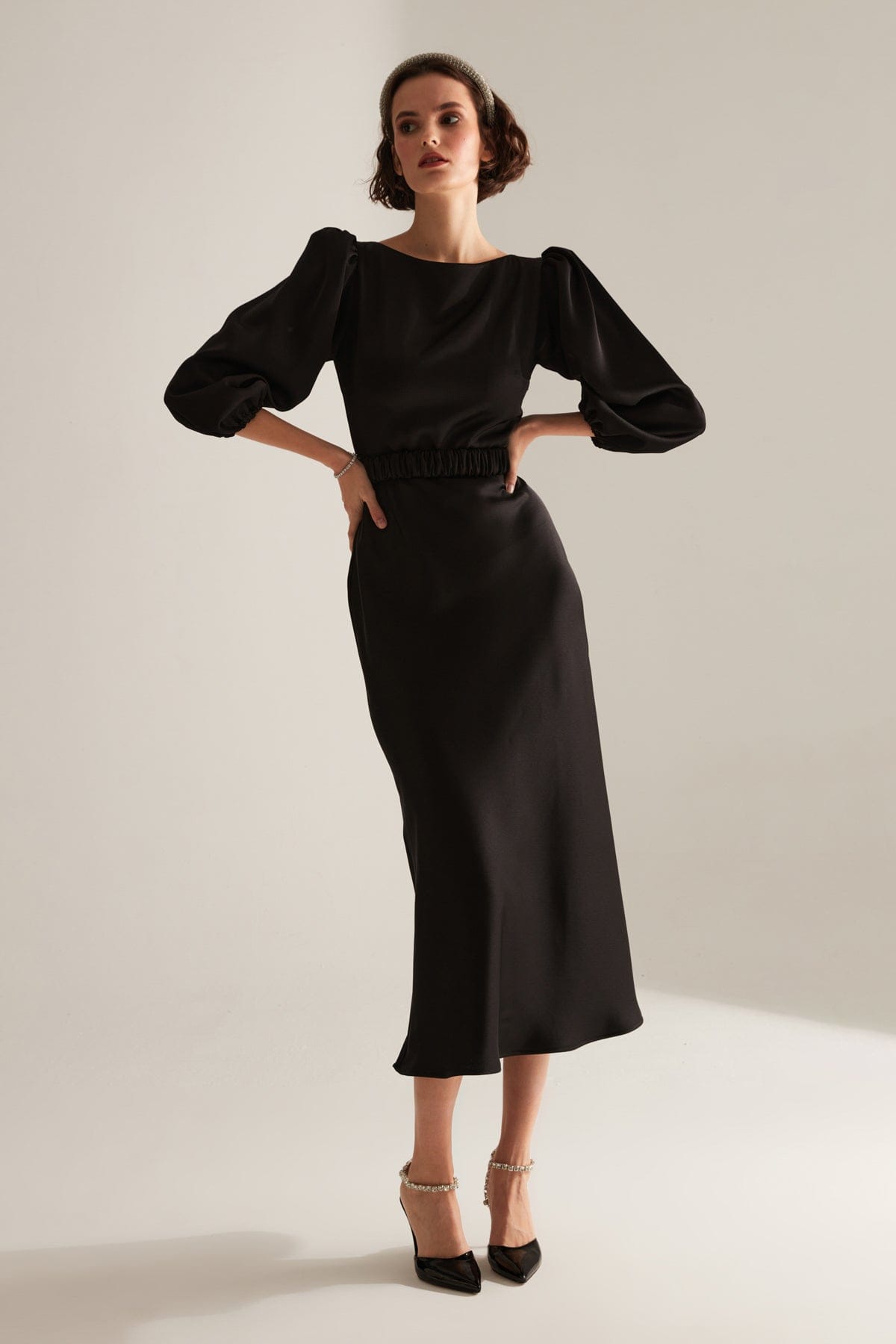 Black Long Balloon Sleeve Engagement Dress