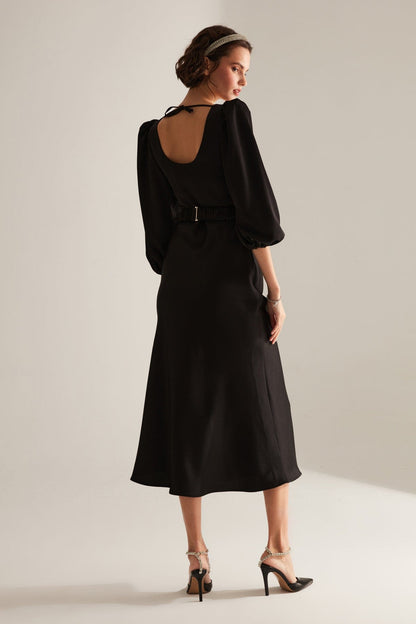 Black Long Balloon Sleeve Engagement Dress