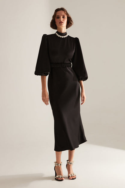 Judge Collar Black Long Balloon Sleeve Midi Length Dress