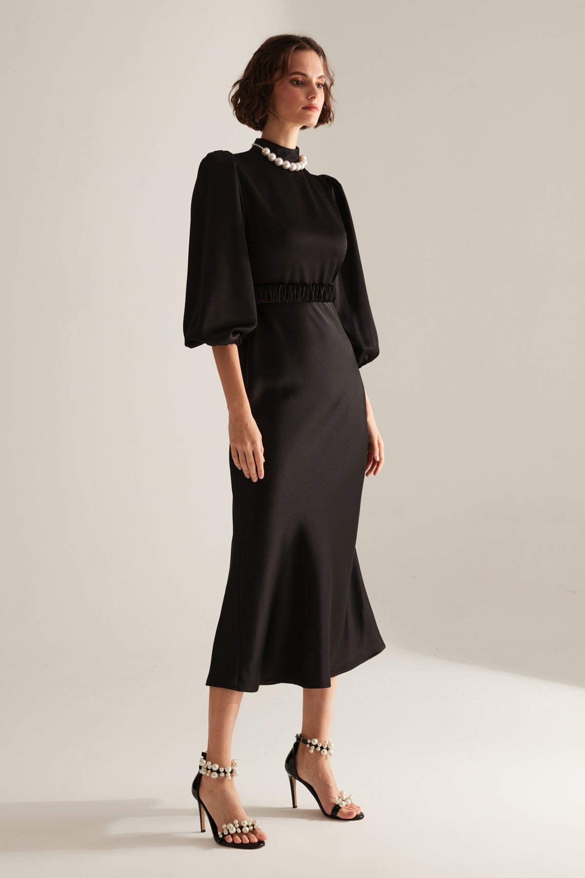 Judge Collar Black Long Balloon Sleeve Midi Length Dress