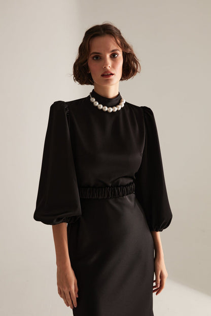 Judge Collar Black Long Balloon Sleeve Midi Length Dress