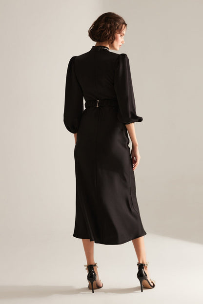 Judge Collar Black Long Balloon Sleeve Midi Length Dress