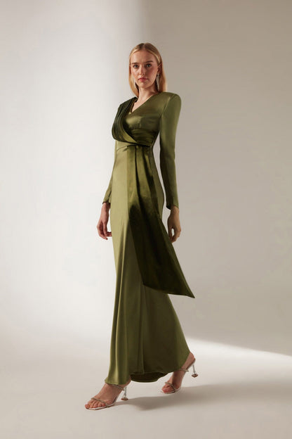 V Neck Shawl Khaki Evening Dress