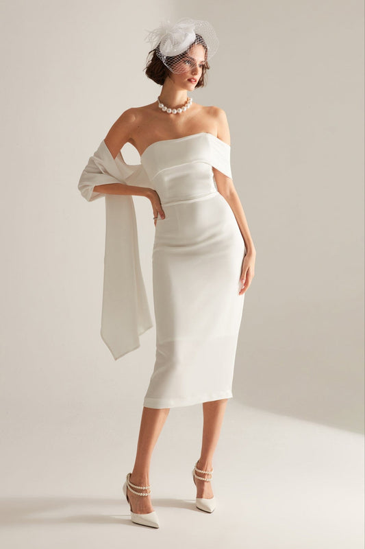 Shawl Detailed Pencil Skirt White Wedding Dress