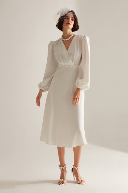 Merry White Double Breasted Collar Flared Dress