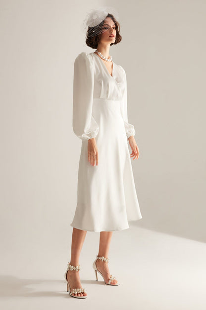 Merry White Double Breasted Collar Flared Dress