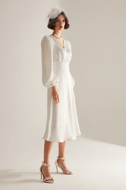 Merry White Double Breasted Collar Flared Dress