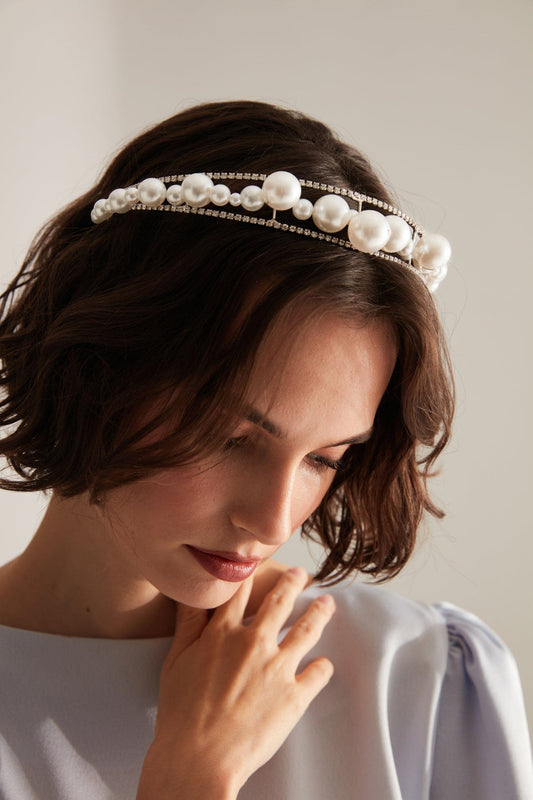 Pearl Embroidered and Crystal Stone Crown, Hair Accessory