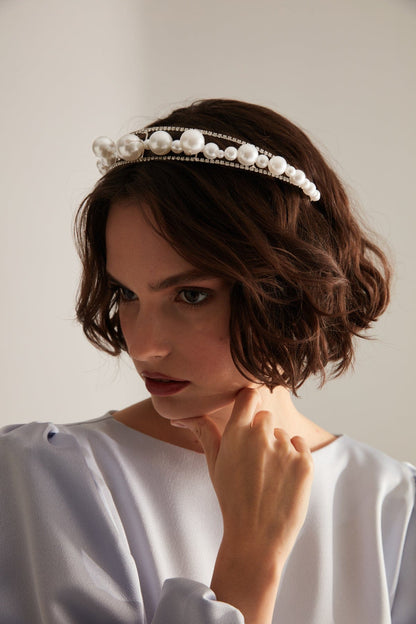 Pearl Embroidered and Crystal Stone Crown, Hair Accessory