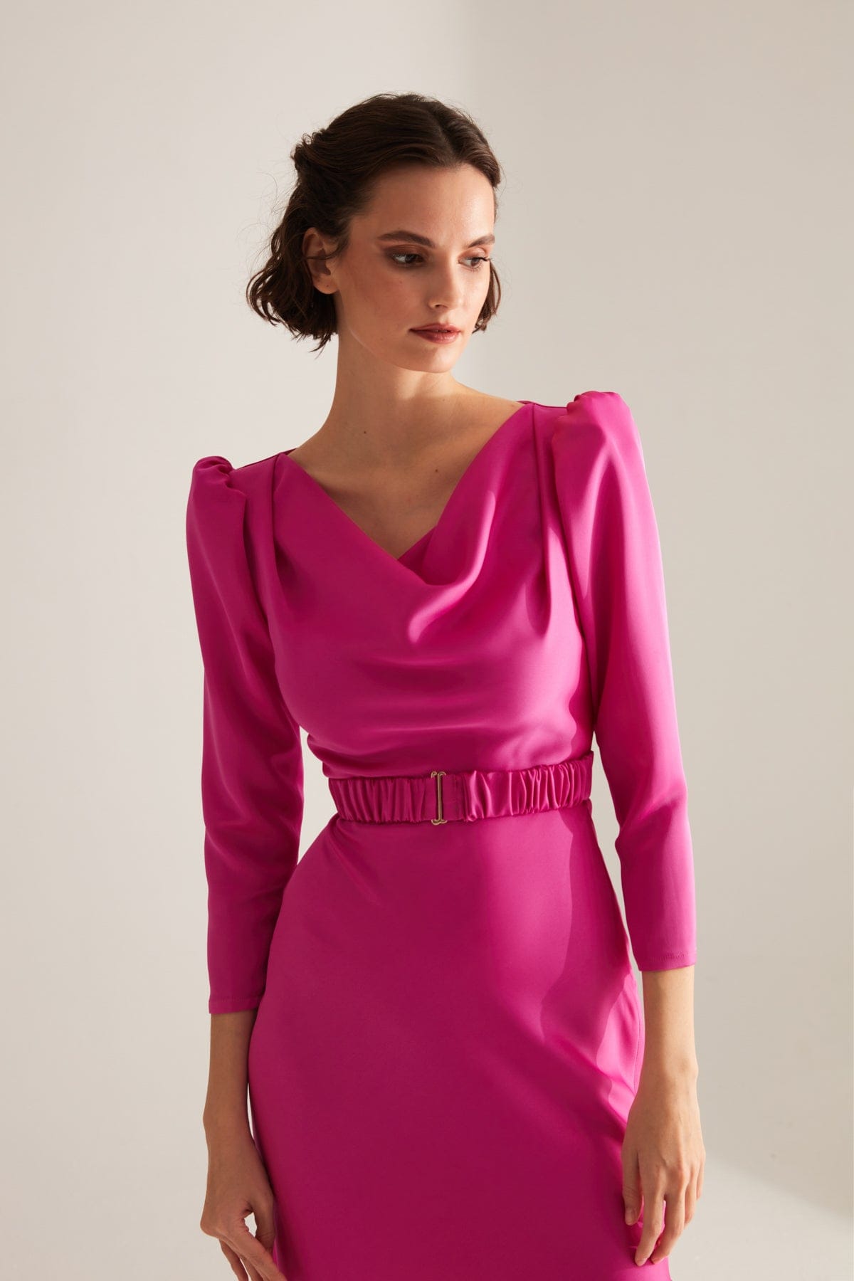 Plunging Collar Flared Skirt FUCHIA Engagement Dress