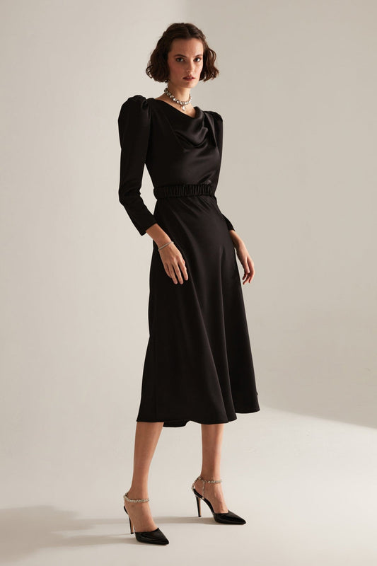 Plunging Collar Flared Skirt Black Engagement Dress