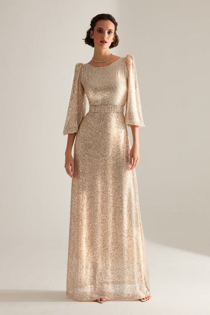 Glittering Sequined Dore Balloon Sleeve Maxi Length Evening Dress