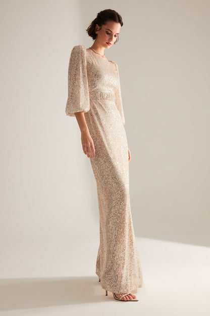 Glittering Sequined Dore Balloon Sleeve Maxi Length Evening Dress