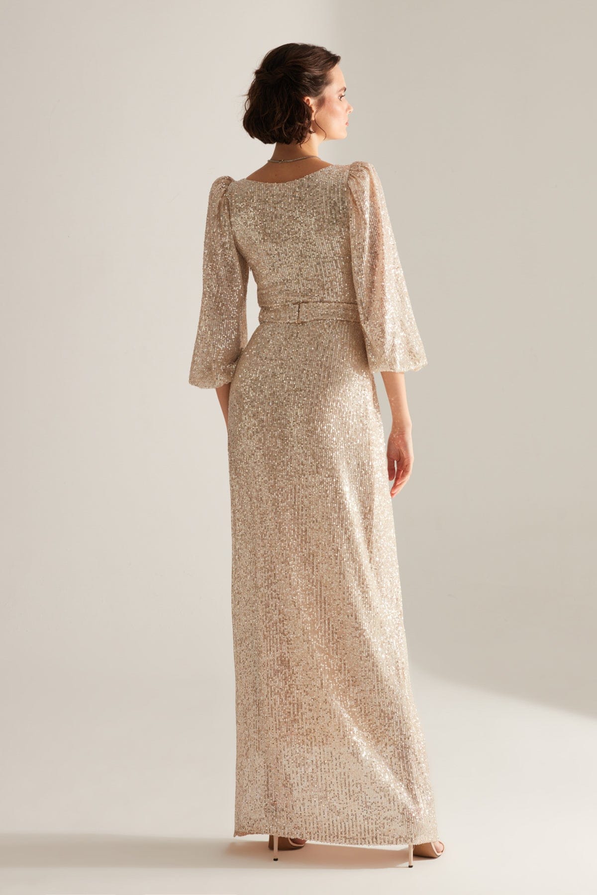 Glittering Sequined Dore Balloon Sleeve Maxi Length Evening Dress