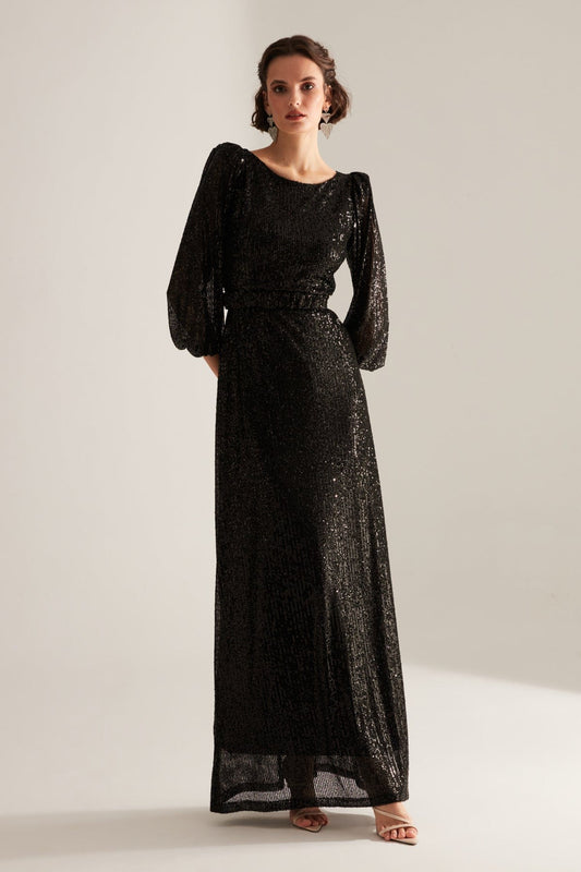 Glittering Sequined Black Balloon Sleeve Maxi Length Evening Dress
