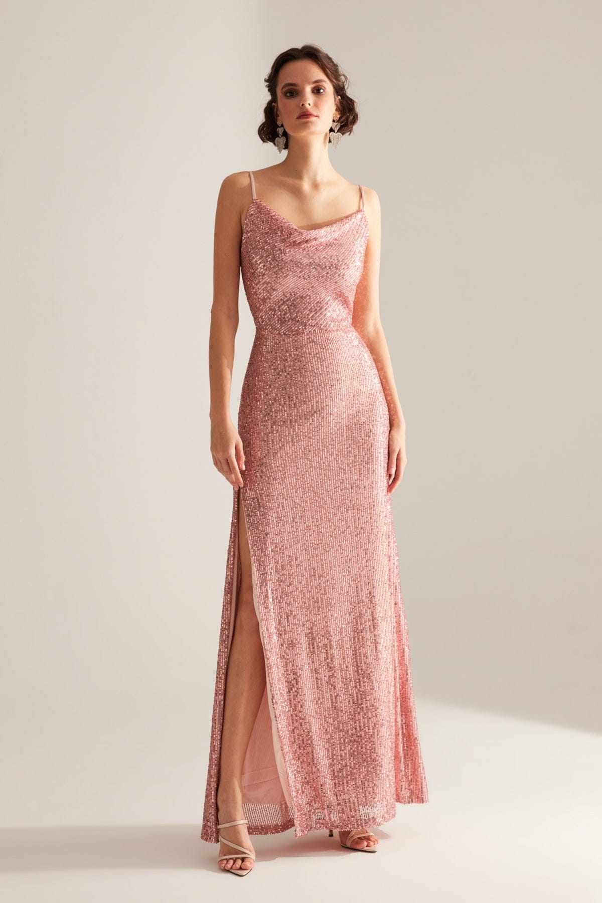 Strap Degajee Collar Slit Sequin DRY ROSE Evening Dress