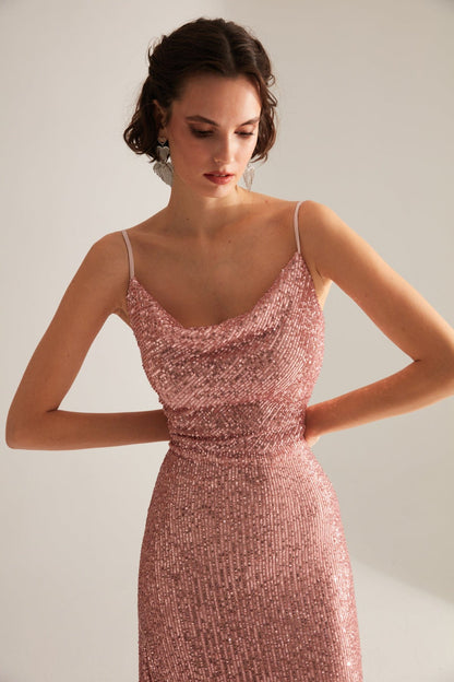 Strap Degajee Collar Slit Sequin DRY ROSE Evening Dress