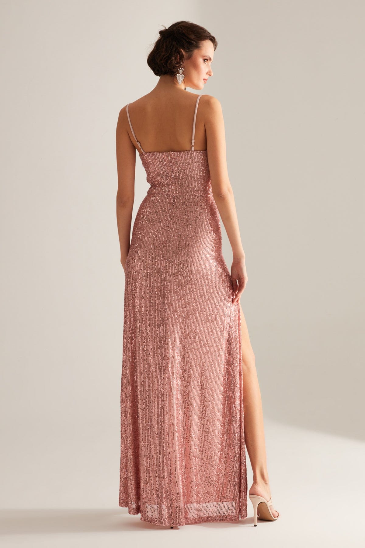 Strap Degajee Collar Slit Sequin DRY ROSE Evening Dress