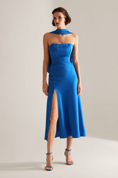 BRERA Blue Satin Slit Wrap Strapless Dress