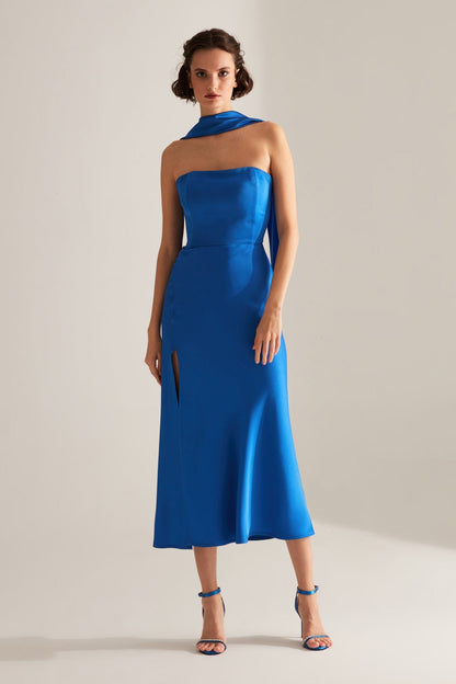 BRERA Blue Satin Slit Wrap Strapless Dress