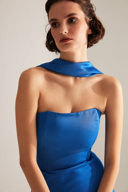 BRERA Blue Satin Slit Wrap Strapless Dress