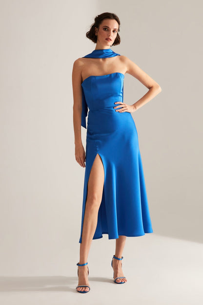 BRERA Blue Satin Slit Wrap Strapless Dress