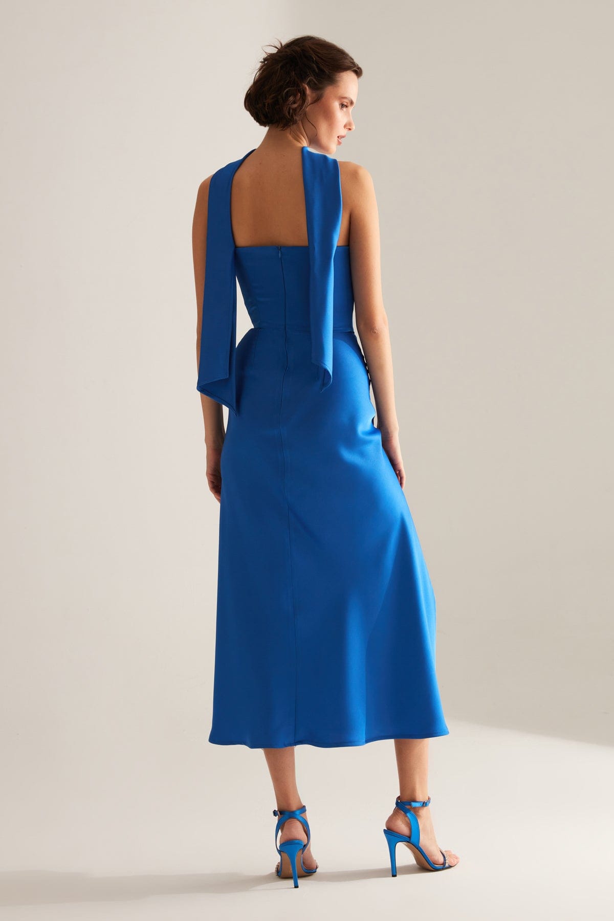 BRERA Blue Satin Slit Wrap Strapless Dress