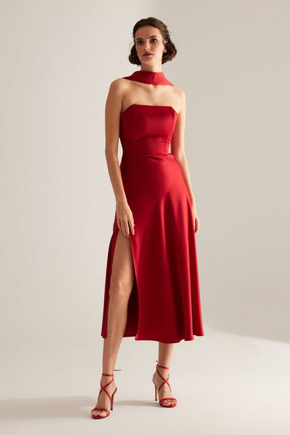 BRERA Red Satin Slit Wrap Strapless Dress