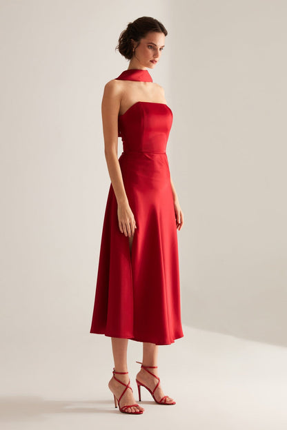 BRERA Red Satin Slit Wrap Strapless Dress