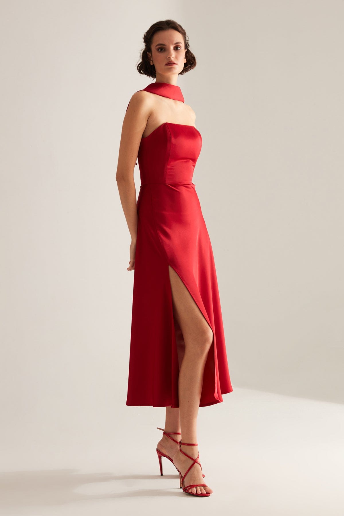 BRERA Red Satin Slit Wrap Strapless Dress