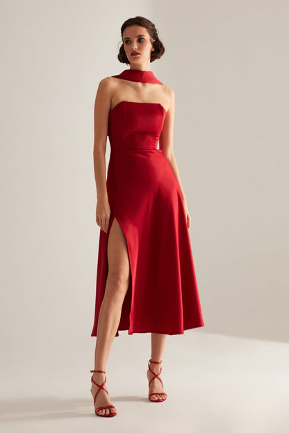 BRERA Red Satin Slit Wrap Strapless Dress