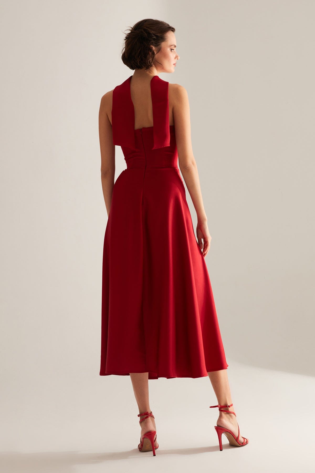 BRERA Red Satin Slit Wrap Strapless Dress