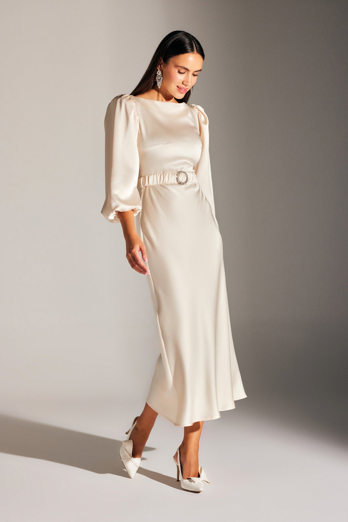 DIANA Balloon Sleeve ECRU dress with stone belt