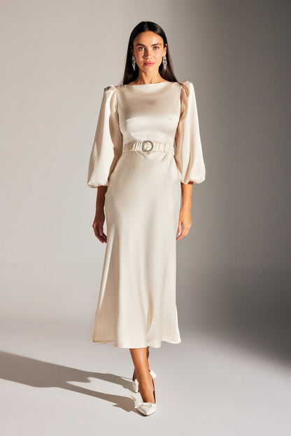 DIANA Balloon Sleeve ECRU dress with stone belt