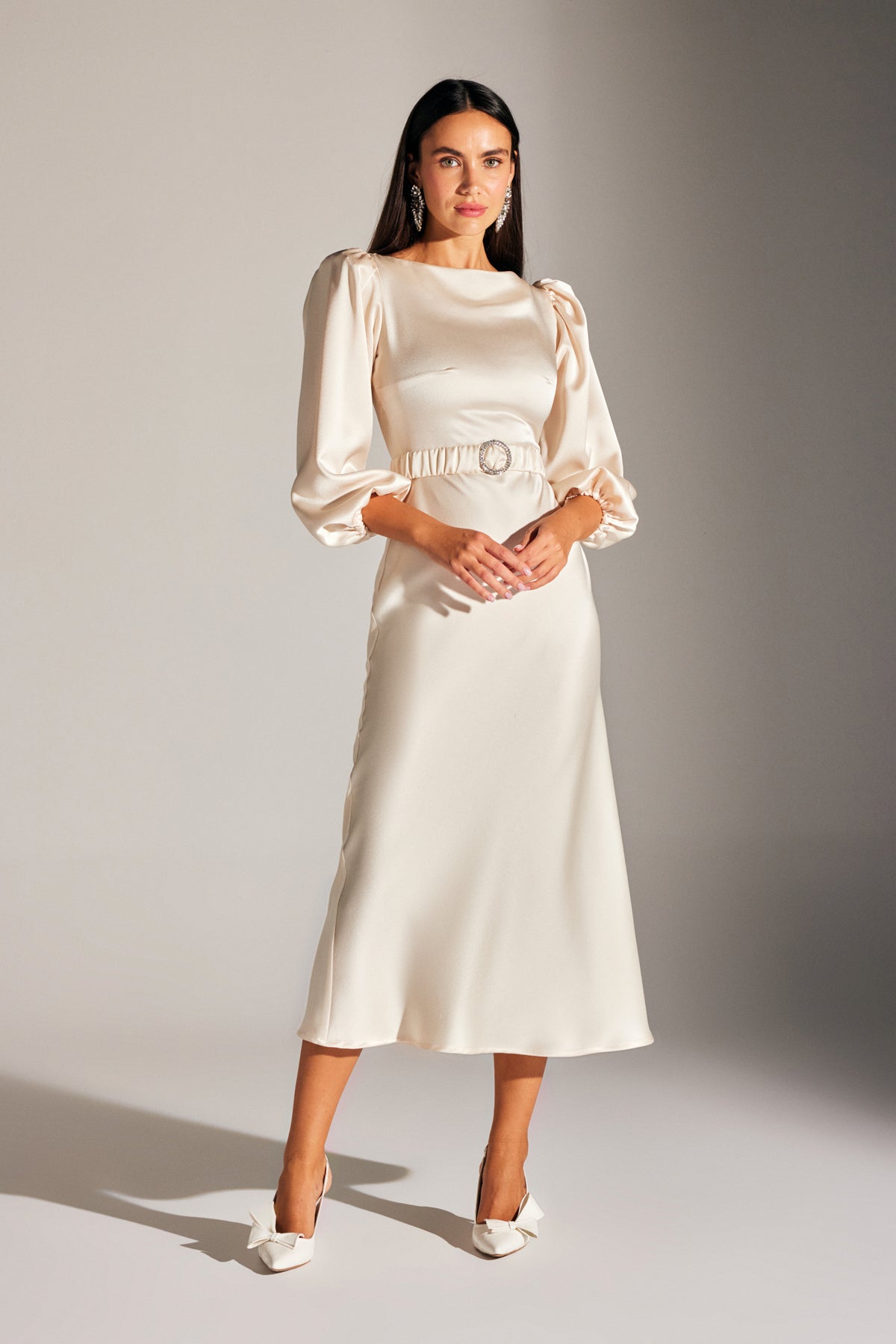 DIANA Balloon Sleeve ECRU dress with stone belt